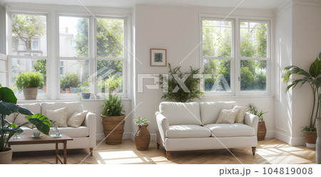 明るく居心地の良いリビングルームのヒントとアイデア・白を基調とした部屋・AI生成画像 104819008