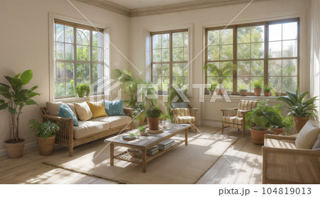 明るく居心地の良いリビングルームのヒントとアイデア・ベージュを基調とした部屋・AI生成画像 104819013