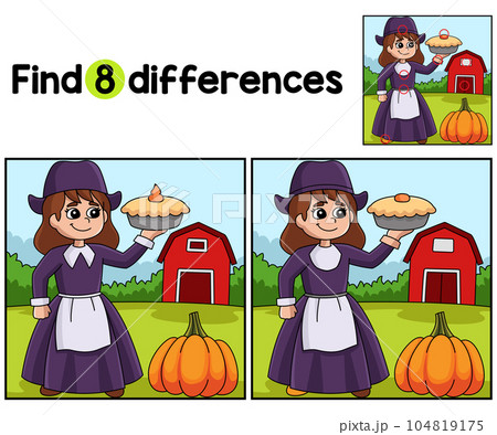 Thanksgiving Pilgrim Girl Pie Find The Differencesのイラスト素材 [104819175 ...