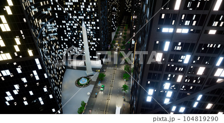 Town district with skyscrapers and lights, metropolis business center with vehicles on street. Capital city with modern architecture and office buildings. 3d render animation. Town district with skyscrapers and lights, metropolis business center with vehicles on street. Capital city with modern architecture and office buildings. 3d render animation. 104819290
