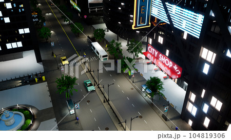 Downtown with office buildings and vehicles in urban district, tall skyscrapers with city lights at night. Metropolis with vehicles driving on street, architecture. 3d render animation. Downtown with office buildings and vehicles in urban district, tall skyscrapers with city lights at night. Metropolis with vehicles driving on street, architecture. 3d render animation. 104819306