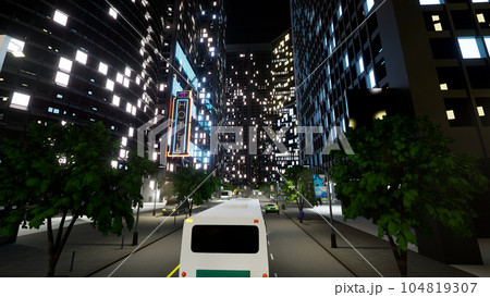 Business district with modern lights flickering late at night, futuristic city downtown with buildings and cars on street. Urban skyscrapers on modern town landscape. 3d render animation. 104819307
