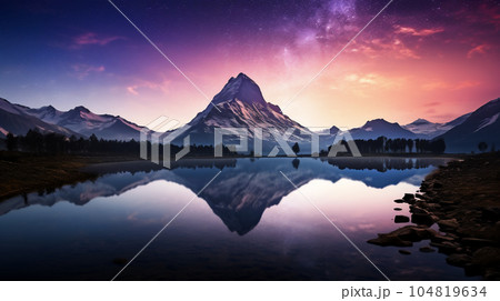 星が輝く天空に山々と川の美しい眺め 星が輝く天空に山々と川の美しい眺め 104819634