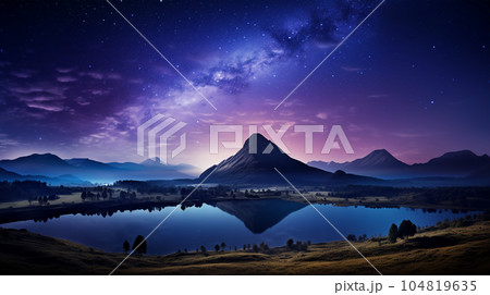 星が輝く天空に山々と川の美しい眺め 星が輝く天空に山々と川の美しい眺め 104819635