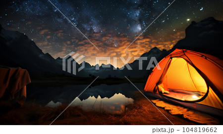 星が輝く天空に山々と川の美しい眺め 104819662