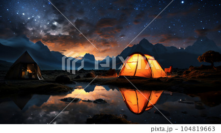 星が輝く天空に山々と川の美しい眺め 104819663