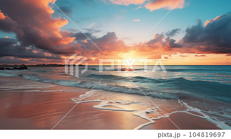 トロピカルなビーチと水平線に広がるオレンジと黄金の夕焼け 104819697