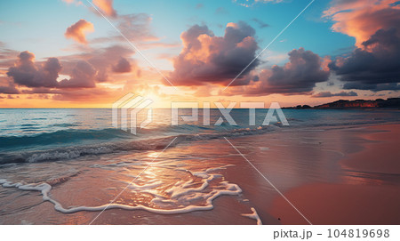 トロピカルなビーチと水平線に広がるオレンジと黄金の夕焼け 104819698