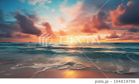 トロピカルなビーチと水平線に広がるオレンジと黄金の夕焼け 104819706