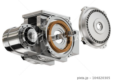白バックに電気自動車用モーター（eアクスル）の構造爆発図 104820305