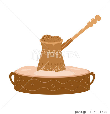 Professional coffee brewing. Turk with a pattern on the sand. Banner, poster, flyer design. Vector illustration. 104821350