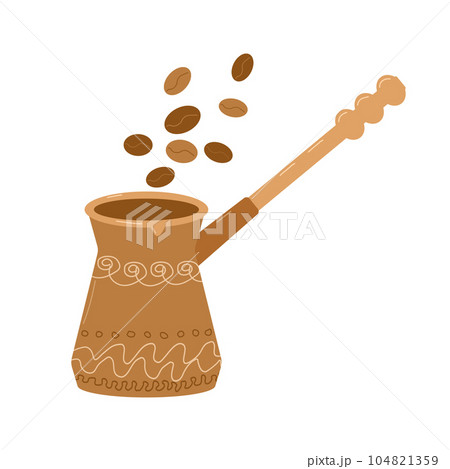 Professional coffee brewing. Coffee beans are flying to Turku. Turk with a pattern. Banner, poster, flyer design. Vector illustration. 104821359