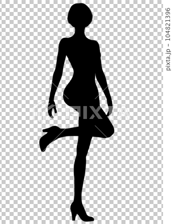 ハイヒールで片足を上げてポーズを取る美脚女性の全身シルエットの