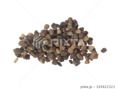 Fish Tank decorative Rock stone gravel fly explosion fall, brown stone rock explode abstract cloud fly, splash in air for ground floor. White background isolated high speed shutter freeze shot 104822321
