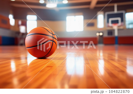 Basketball ball in gym, close up, orange bakground. Copy space. Generative AI 104822870