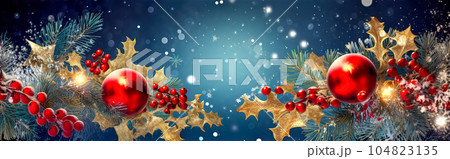 red and gold Christmas holiday decorations, banner with copy space made with Generative AI red and gold Christmas holiday decorations, banner with copy space made with Generative AI 104823135