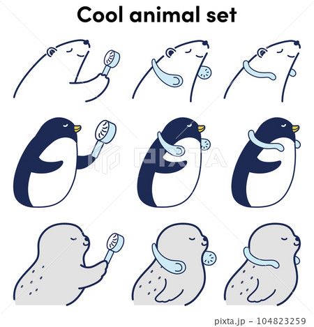 クールグッズを使用する動物のイラストセット（シロクマ・ペンギン・アザラシ） 104823259