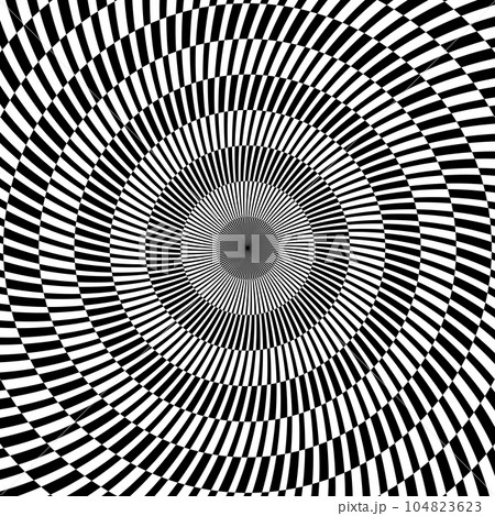 Radial optical illusion background. Black and white abstract lines surface in circles. Poster, banner, template design design. Spinning spiral illusion wallpaper. Vector illustration 104823623