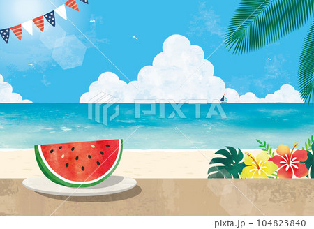 夏の海の風景とスイカとハイビスカス水彩画 夏の海の風景とスイカとハイビスカス水彩画 104823840