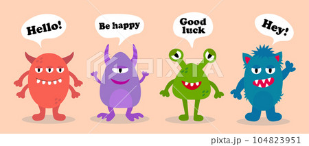 Cartoon funny monsters with text. Set of cute monsters for kids design. Be happy. Good luck. Vector flat illustration. Cartoon funny monsters with text. Set of cute monsters for kids design. Be happy. Good luck. Vector flat illustration. 104823951
