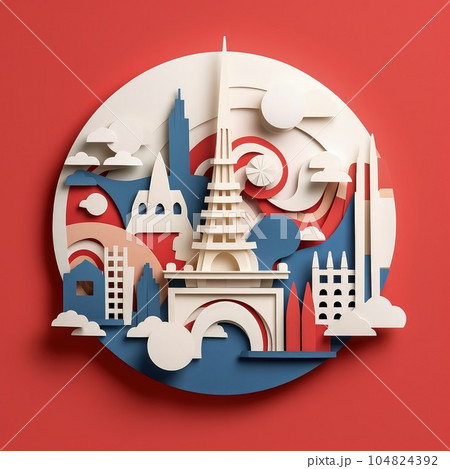 Minimalistic French Pride 3D Paper Cut Craft Illustration Celebrating Bastille Day. Minimalistic French Pride 3D Paper Cut Craft Illustration Celebrating Bastille Day. 104824392