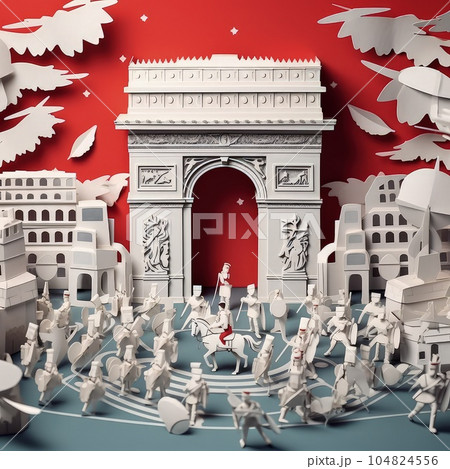 Paper Tower 3D Paper Cut Craft Illustration Symbolizing Bastille Day. Paper Tower 3D Paper Cut Craft Illustration Symbolizing Bastille Day. 104824556