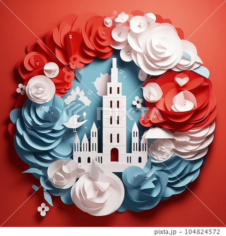 Cutting through Bastille Day Minimalistic Paper Craft Illustration in 3D Style. Cutting through Bastille Day Minimalistic Paper Craft Illustration in 3D Style. 104824572