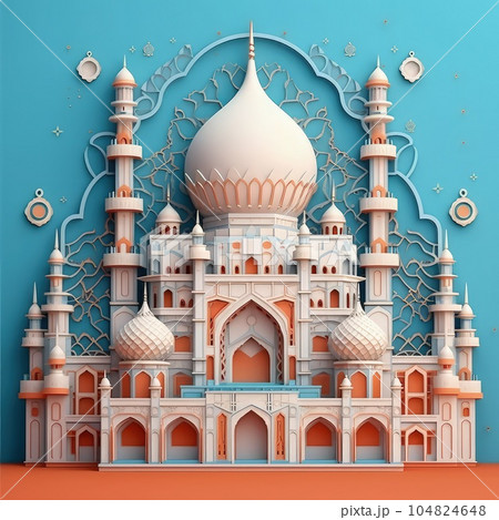 Islamic Architecture in Paper 3D Paper Cut Craft Illustration with Minimal Style. Ramadan Kareem 3d abstract paper cut illustration. Islamic Architecture in Paper 3D Paper Cut Craft Illustration with Minimal Style. Ramadan Kareem 3d abstract paper cut illustration. 104824648