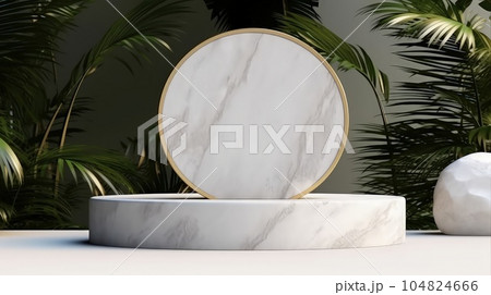 cylinder podium in green background with green plant. Marble podium. cylinder podium in green background with green plant. Marble podium. 104824666
