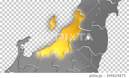 新潟縣在平衡投影中看到的金屬日本列島中閃耀著金色光芒 新潟縣在平衡投影中看到的金屬日本列島中閃耀著金色光芒 104824875