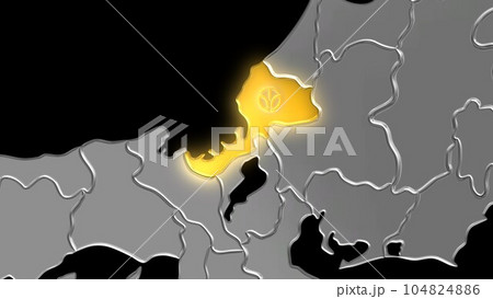 平衡投影で見る金属調の日本列島で金色に輝く福井県 104824886