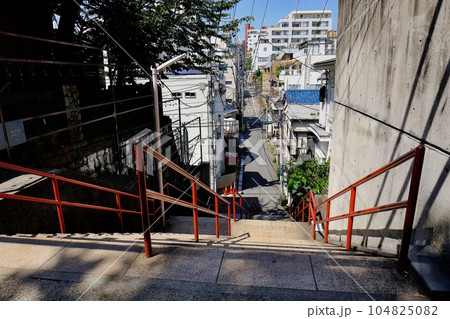 東京都新宿区　須賀神社の男坂と町の風景 104825082