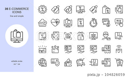 E-commerce and Online Shopping Vector Icons Set - Discounts, Sales, Online Shopping, Marketplace Promotion, Gifts, Coupons, Delivery, Customer Card, Online Offers, Cash on Delivery, Internet Payments. 104826059