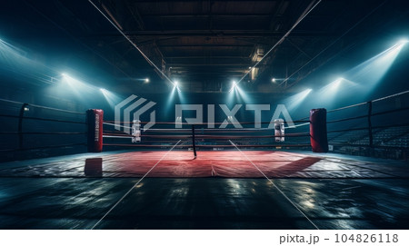 Epic empty boxing ring in the spotlight on the fight night AI 104826118