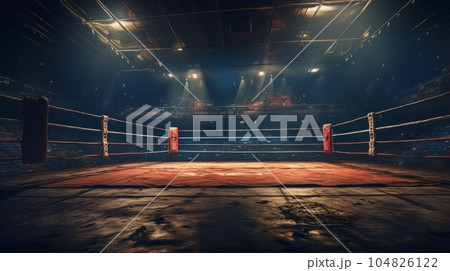 Epic empty boxing ring in the spotlight on the fight night AI Epic empty boxing ring in the spotlight on the fight night AI 104826122