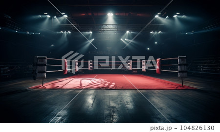Epic empty boxing ring in the spotlight on the fight night AI Epic empty boxing ring in the spotlight on the fight night AI 104826130