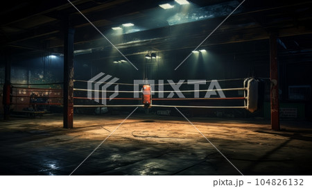 Epic empty boxing ring in the spotlight on the fight night AI Epic empty boxing ring in the spotlight on the fight night AI 104826132