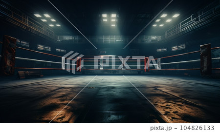 Epic empty boxing ring in the spotlight on the fight night AI 104826133