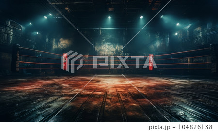 Epic empty boxing ring in the spotlight on the fight night AI 104826138