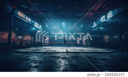 Epic empty boxing ring in the spotlight on the fight night AI 104826147