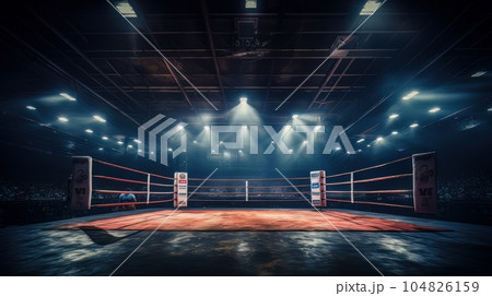 Epic empty boxing ring in the spotlight on the fight night AI 104826159