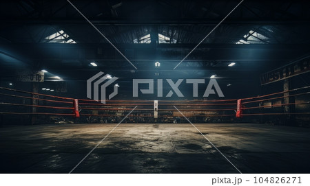 Epic empty boxing ring in the spotlight on the fight night AI 104826271