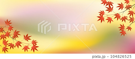秋のカラフルな紅葉の色のグラデーション背景と赤いもみじの葉と枝のイラスト 104826525