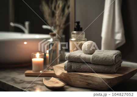 Elegant bathroom decor with soft towels and scented candles on a wooden table, providing a peaceful and serene space for relaxation. AI Generative 104827052