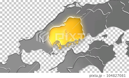 Hiroshima Prefecture shines gold in the metallic Japanese archipelago seen in balanced projection Hiroshima Prefecture shines gold in the metallic Japanese archipelago seen in balanced projection 104827081