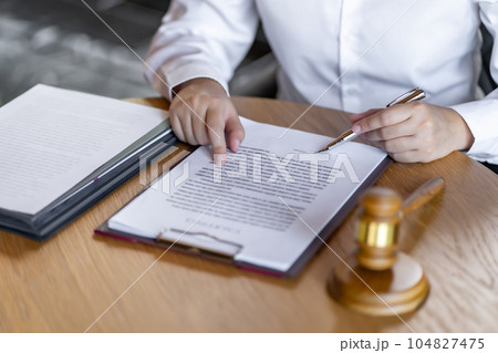 Lawyer Legal counsel presents to bid sale judgment mallet with judge. 104827475