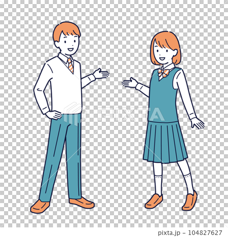 Male and female students who explain and propose with a smile _ whole body Male and female students who explain and propose with a smile _ whole body 104827627