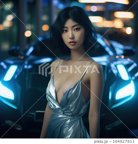 Asian woman next to luxury sport car. Lifestyle shot with racing auto and neon light. Evening, night, party, nightlife. Generative AI 104827811