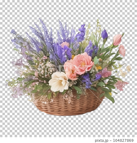 colorful flowers bouquet arrangement centerpiece in wicker basket colorful flowers bouquet arrangement centerpiece in wicker basket 104827869