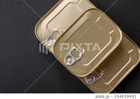 Tin or aluminum rectangular can of canned food with a key 104830481
